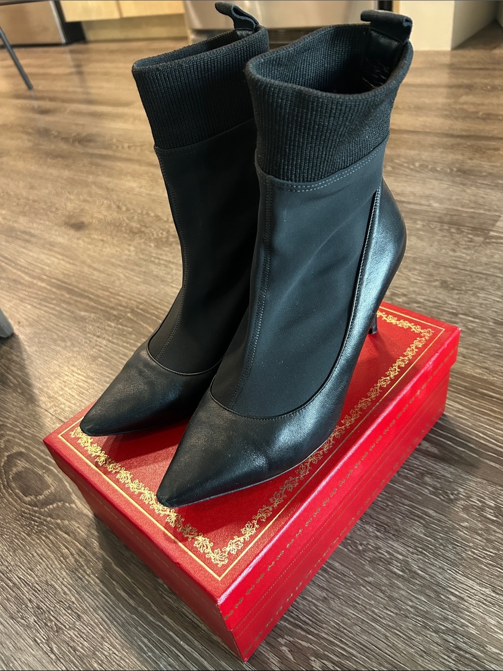 Jimmy Choo Black Pointed-Toe Sock Booties with Logo Pull-Tab